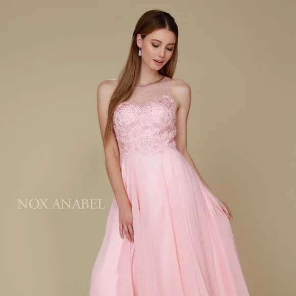 NEW LONG SLEEVELESS A-LINE CHIFFON DRESS EMBROIDERED WITH RHINESTONES NX Y009 - Picture 3 of 8